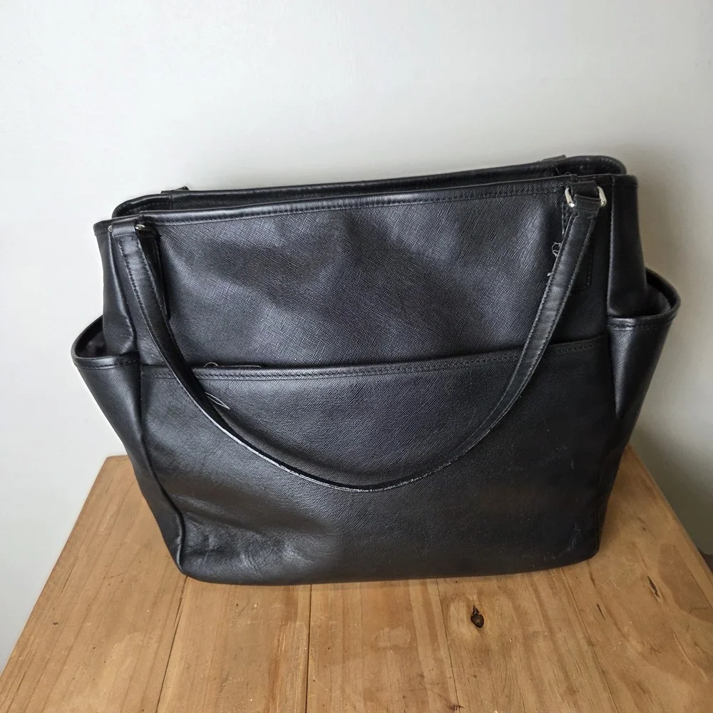 Coach Black Saffiano Leather Tote Shoulder Bag Silver Hardware Multi Pocket...